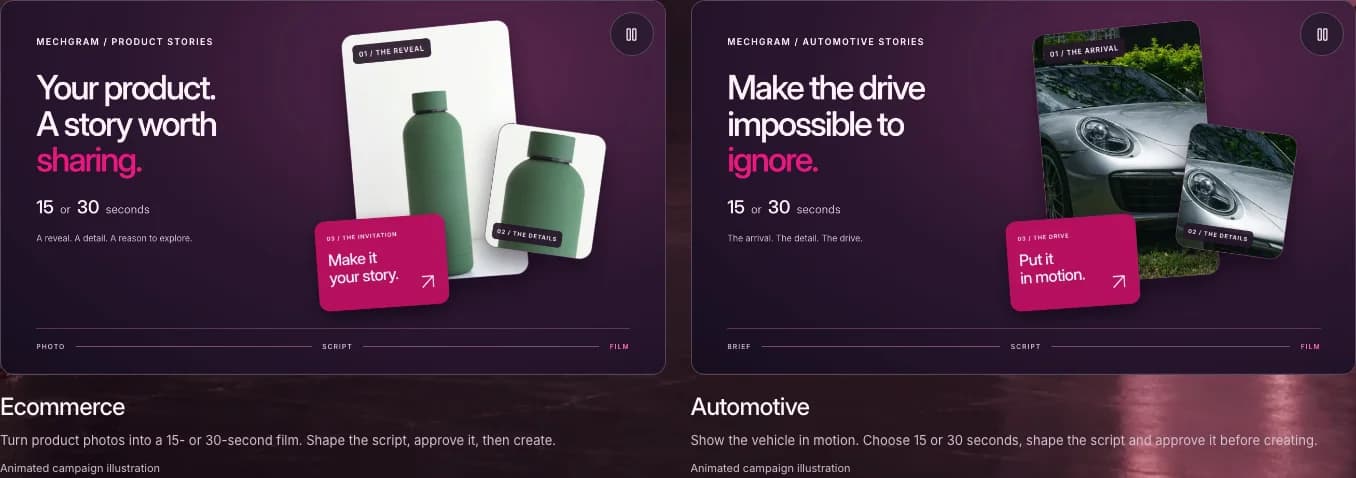 Campaign category selection on the real Mechgram site with illustrative product and automotive imagery